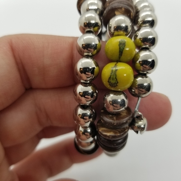 beaded coil wrap bracelet silver brown yellow-green - Picture 2 of 7